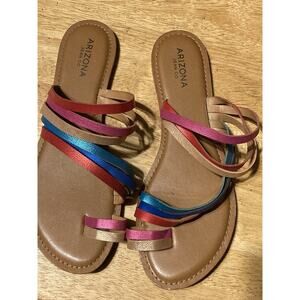 Women’s Arizona Sandals Flat Shoes Size 9 Gold Pink Blue Rainbow Vacation